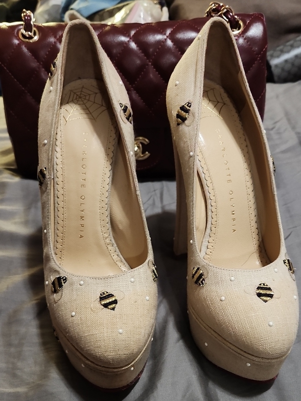 Charlotte Olympia Beige Bee Embroidered Platform Pumps with Pearls